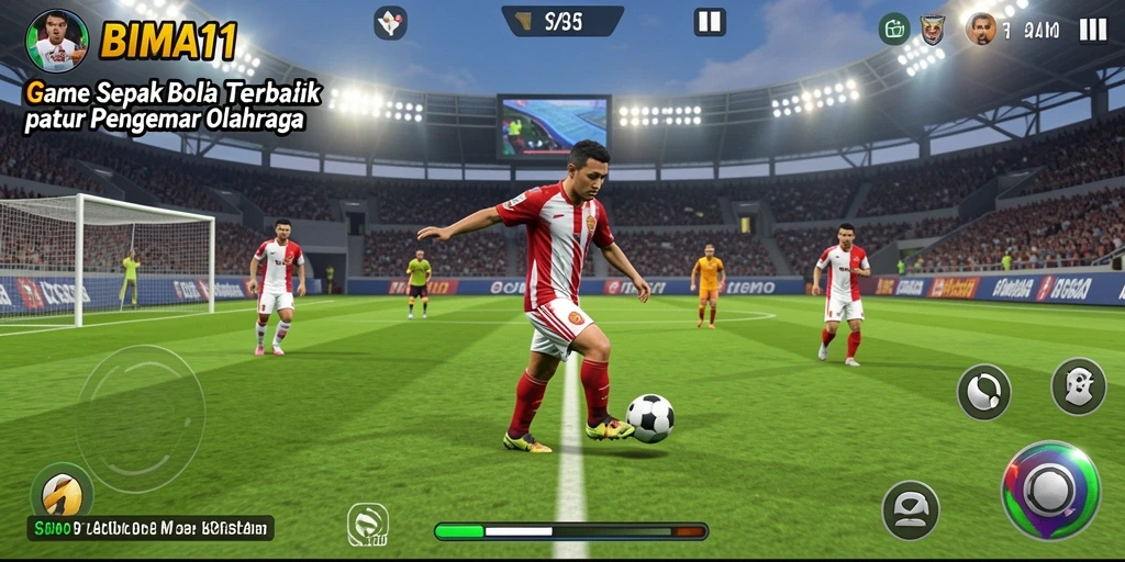 Screenshot utama BIMA11 menunjukkan aksi seru di lapangan sepak bola.