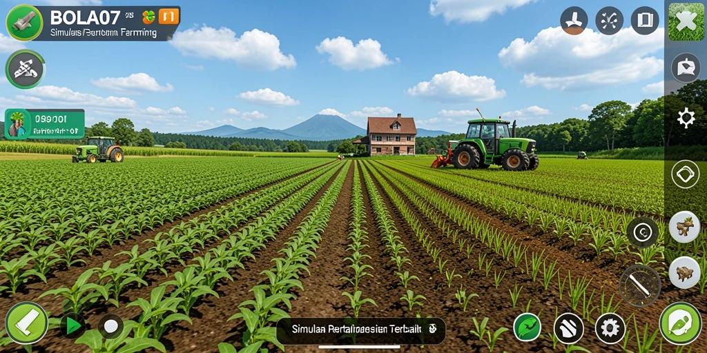 Gameplay BOLA07 menampilkan ladang hijau yang subur dan beragam tanaman.