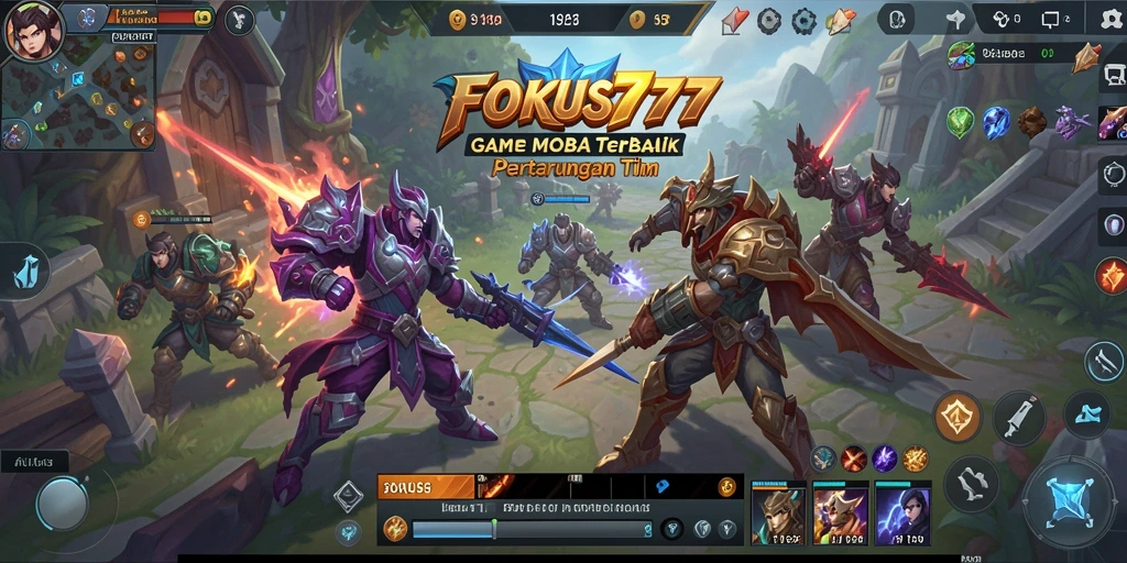 Screenshot FOKUS777 menampilkan pertarungan seru antar tim MOBA.
