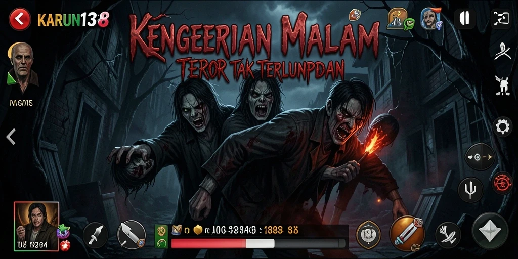 Screenshot utama KARUN138 menampilkan suasana mencekam dengan elemen horor.