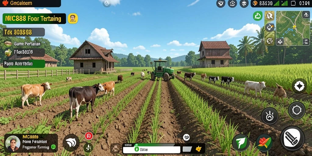 Screenshot gameplay <strong>MC888</strong> menunjukkan ladang yang penuh warna dan aktivitas pertanian.