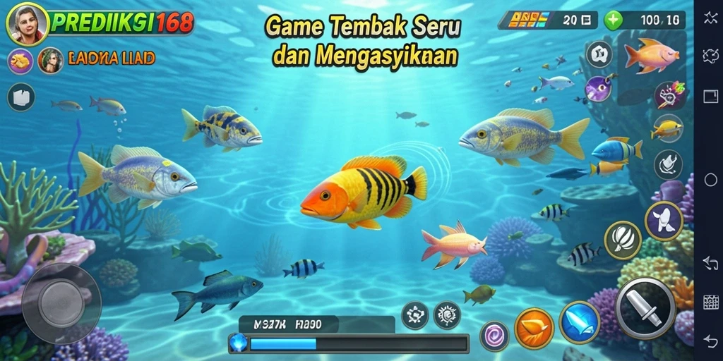 Screenshot utama PREDIKSI168 memperlihatkan aksi menembak ikan yang seru.