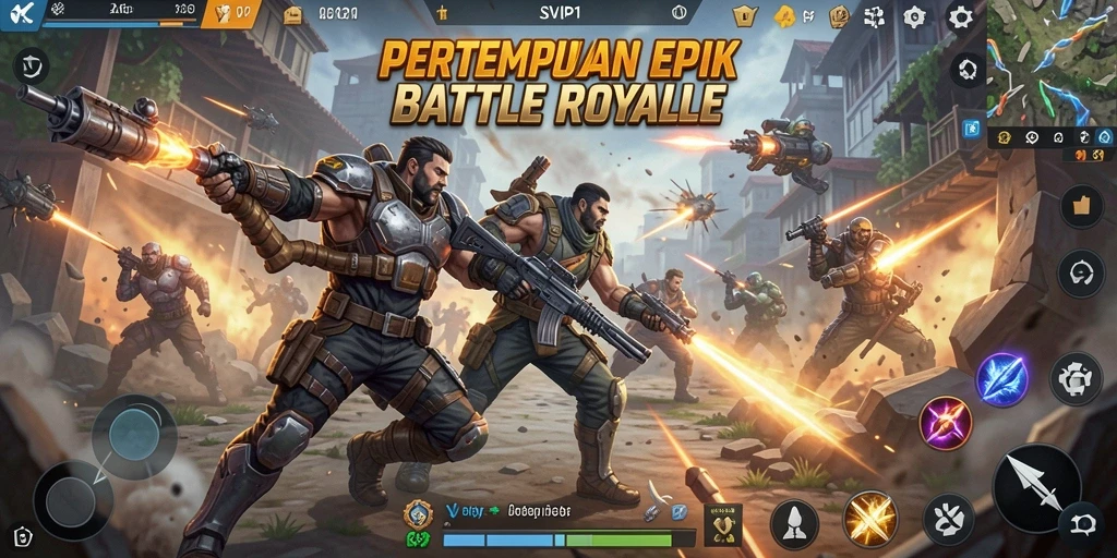 Screenshot gameplay SVIP1 menampilkan pertempuran intens dalam Battle Royale.