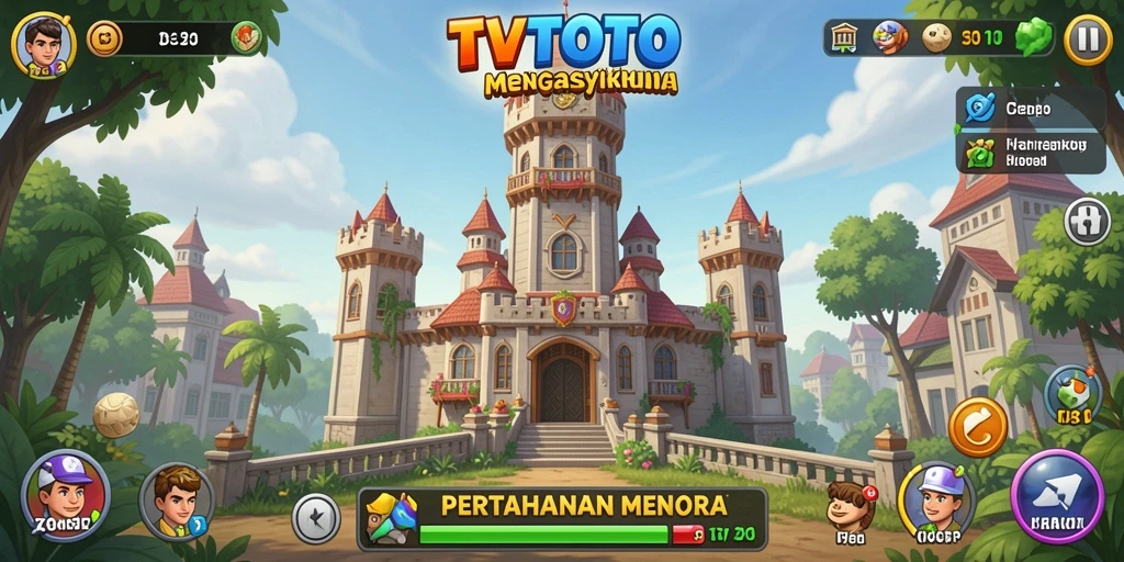 Screenshot gameplay TVTOTO menampilkan strategi menara yang mendebarkan.